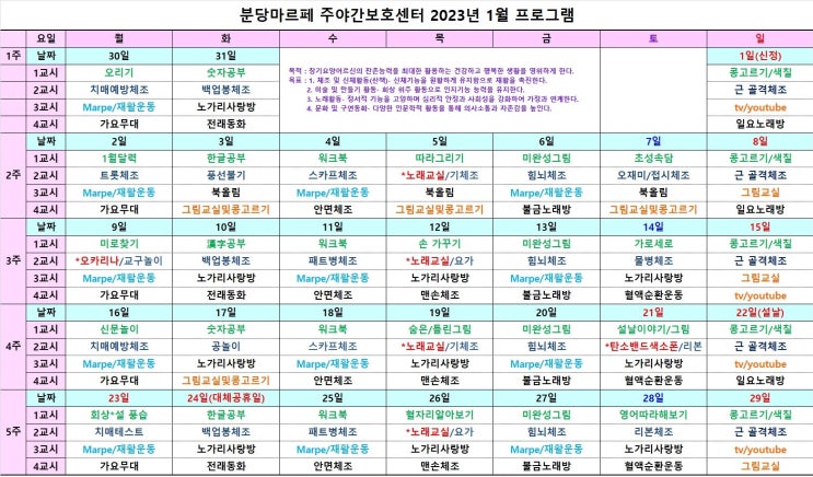  [분당마르페주야간보호센터] 주간보호의 2023년 01월 프로그램 일정