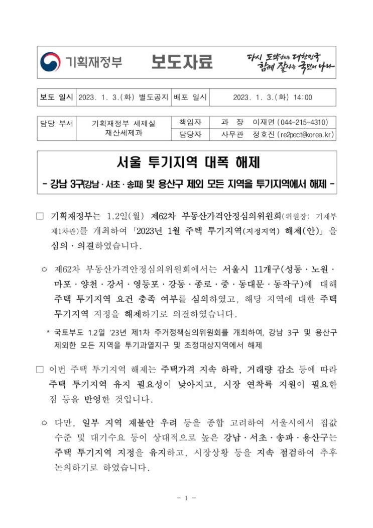  강남3구, 용산 제외한 서울규제지역해제!!