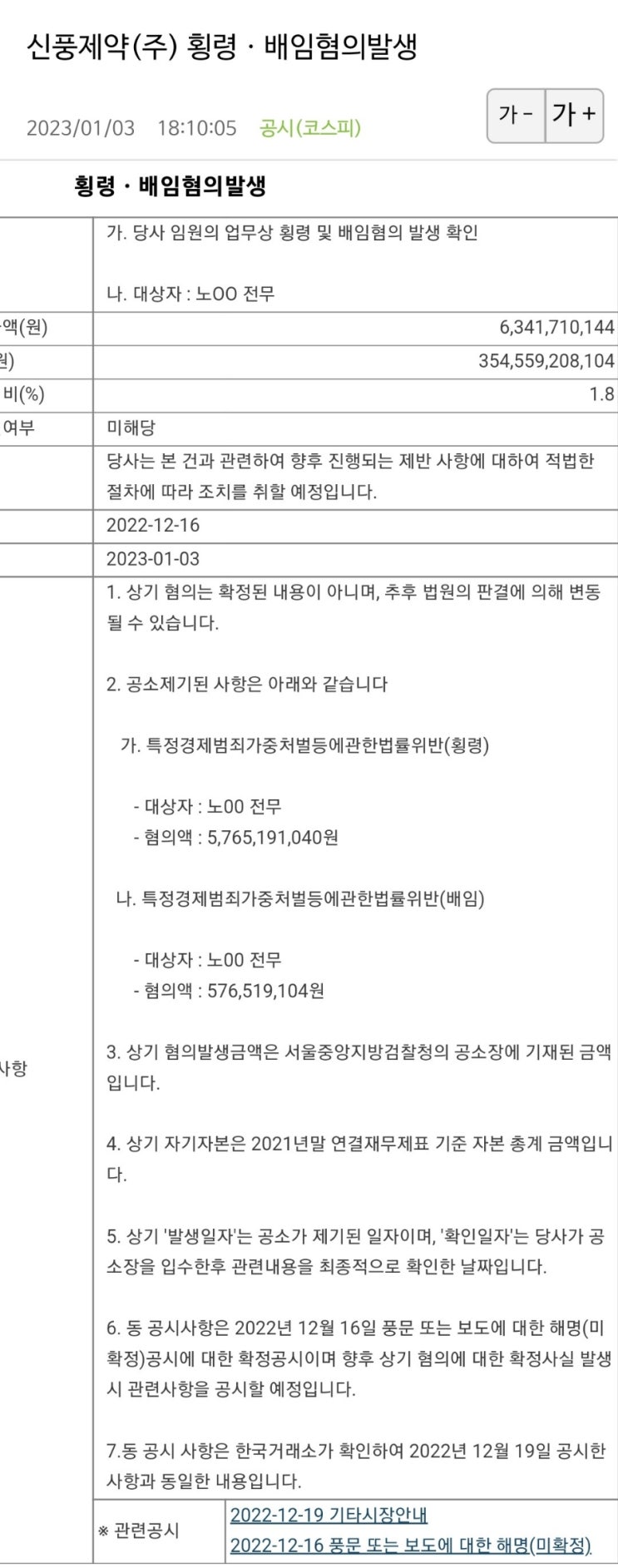 신풍제약! 횡령ㆍ배임혐의발생 신풍제약! 횡령ㆍ배임혐의발생