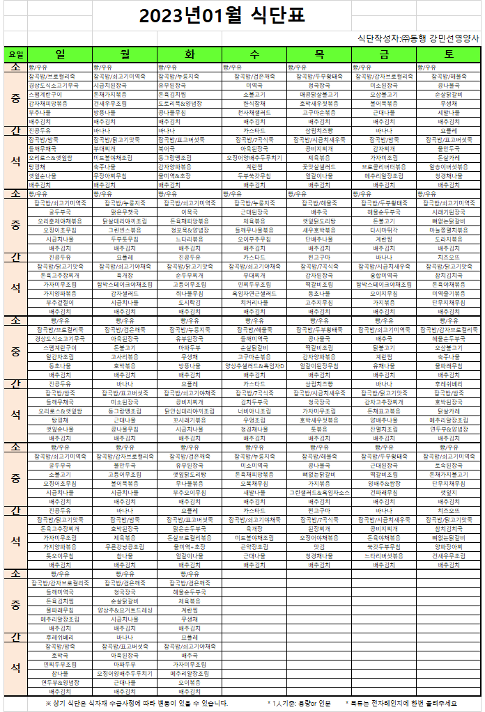  [분당마르페주야간보호센터] 주간보호의 2023년 1월 식단표