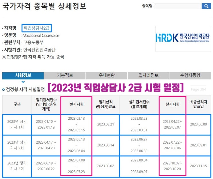  2023년 직업상담사 (직상사) 2급 1회 2회 3회 시험 일정, 응시 자격, 과목, 합격 기준, 출제 기준, 응시료