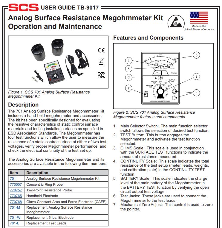  SCS Analog Surface Resistance Megohmmeter Kit Operation and Maintenance, 표면저항측정기, 아날로그 표면저항측정기