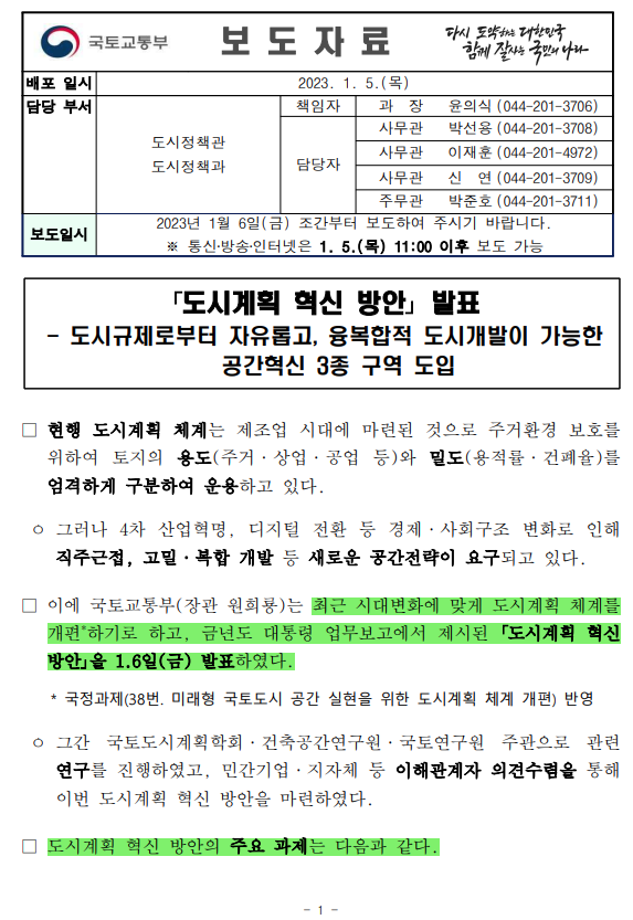  국토부/도시계획 혁신 방안/도시혁신구역/복합용도구역/도시계획시설 입체복합구역
