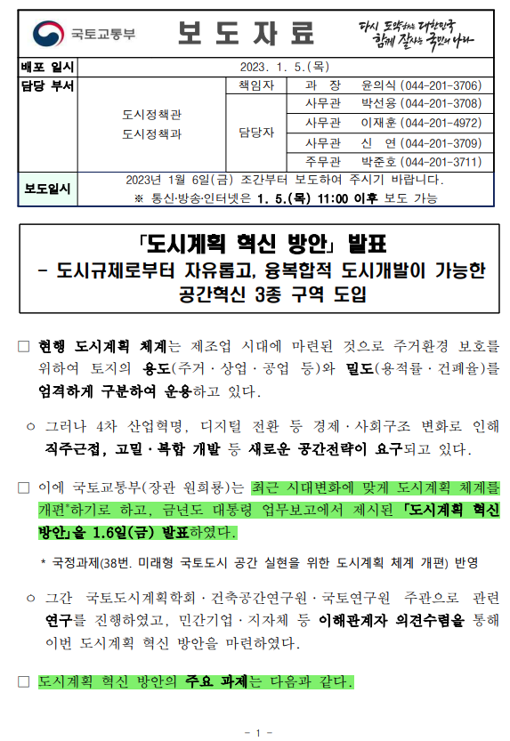 국토부/도시계획 혁신 방안/도시혁신구역/복합용도구역/도시계획시설 입체복합구역