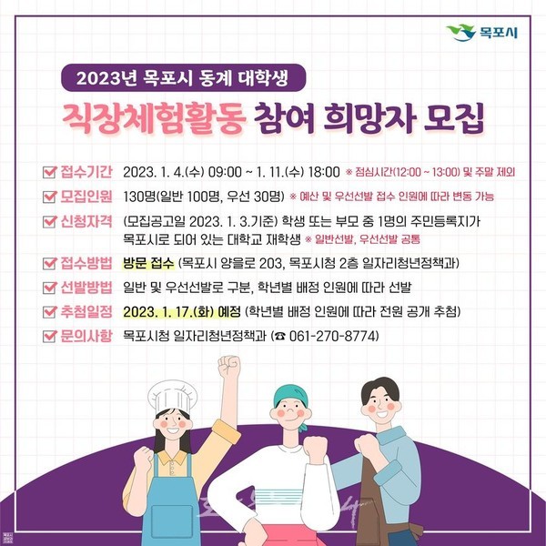  목포시, 1월 25일부터 동계 대학생 직장체험활동 참여자 공개 모집