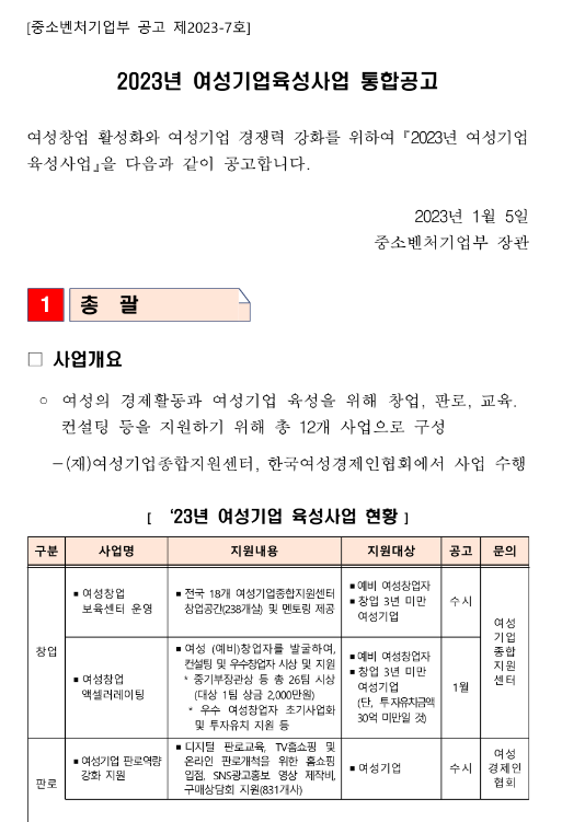 여성기업 전문인력 매칭 플랫폼(2023년 여성기업육성사업 통합 공고)