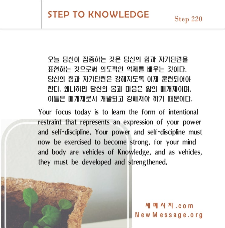 제 220 계단: 오늘 나는 큰 것이 내 안에서 자랄 수 있도록 억제력을 발휘할 것이다. 제 220 계단: 오늘 나는 큰 것이 내 안에서 자랄 수 있도록 억제력을 발휘할 것이다.