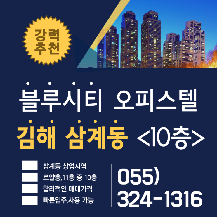  김해 오피스텔 삼계동 블루시티 로얄층 남향 10층 매매가 9500만원