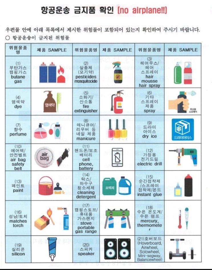  항공운송 금지품 확인(NO airplane!!)