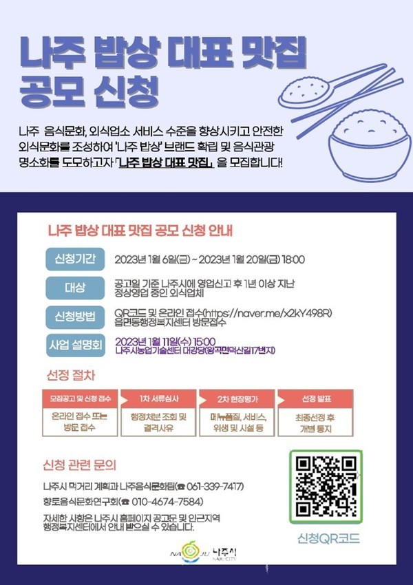  나주시,  ‘나주밥상 브랜드화’ 사업에 참여할 대표 맛집 업소 1월 20일까지 공개 모집