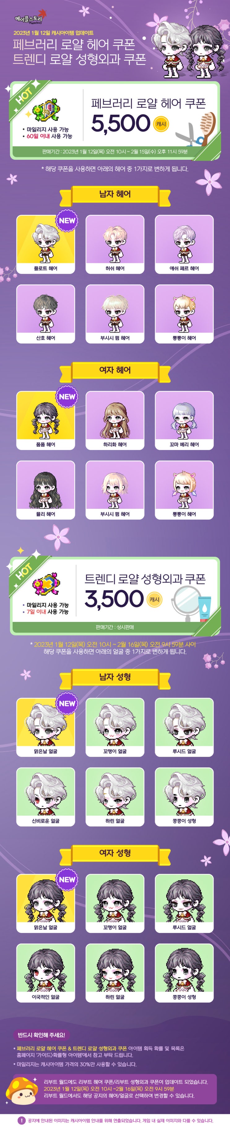  1월 12일 캐시아이템 업데이트 - 로얄 헤어&성형외과 쿠폰