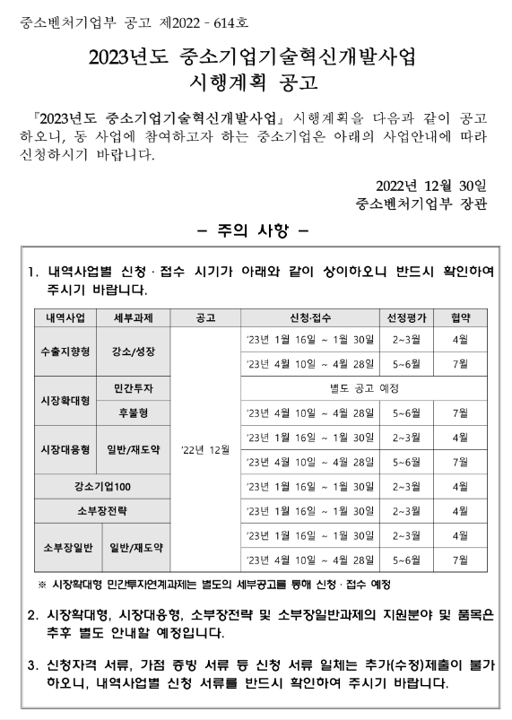 2023년도 중소기업기술혁신개발사업 '강소기업100' 시행계획 공고