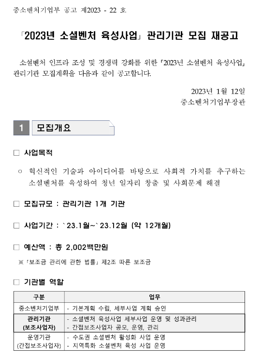 2023년 소셜벤처 육성사업 보조사업자 모집 연장 재공고 2023년 소셜벤처 육성사업 보조사업자 모집 연장 재공고