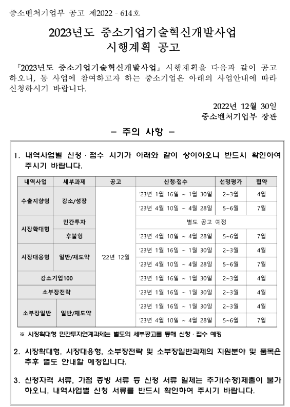 2023년도 중소기업기술혁신개발사업 '수출지향형' 상반기 시행계획 공고