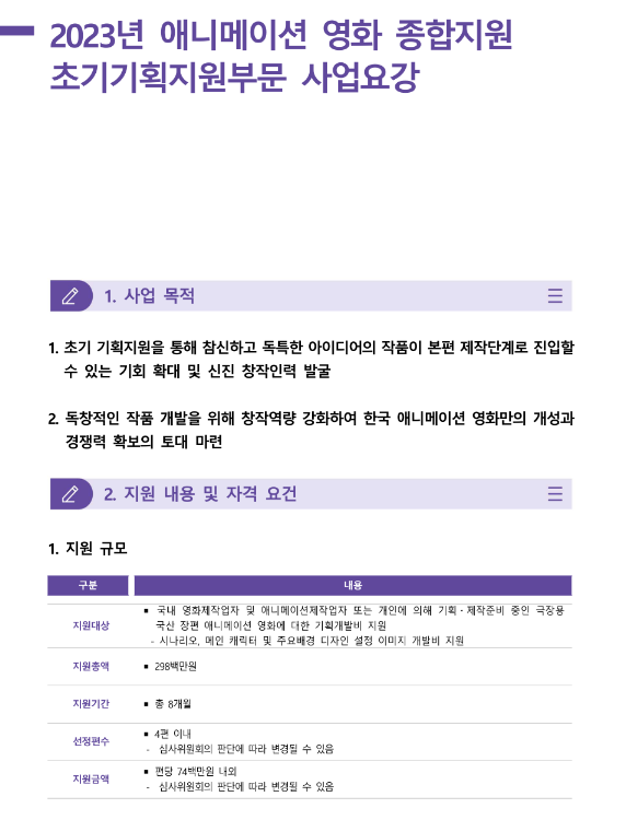 2023년 애니메이션 영화 종합지원 초기기획지원부문 사업 공고 2023년 애니메이션 영화 종합지원 초기기획지원부문 사업 공고