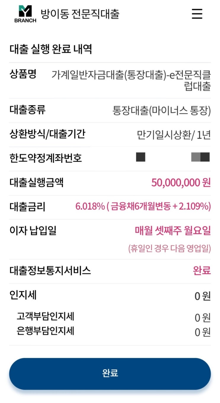  하나은행 전문직 마이너스통장(마통) 개설 완료 | 금리 | 대출이자 | 신용카드