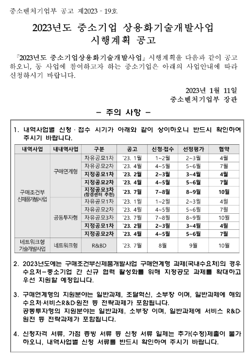 2023년 네트워크형 기술개발사업 시행계획 공고(중소기업 상용화기술개발사업)