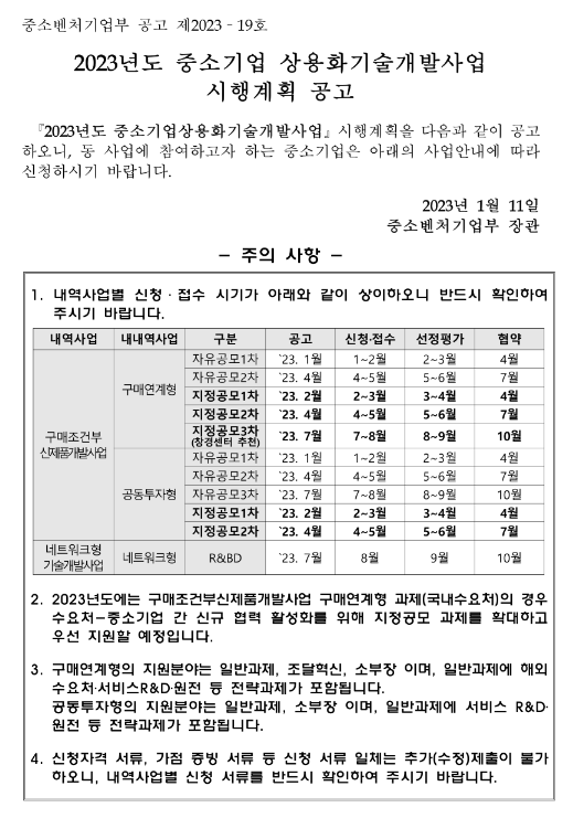 2023년 네트워크형 기술개발사업 시행계획 공고(중소기업 상용화기술개발사업) 2023년 네트워크형 기술개발사업 시행계획 공고(중소기업 상용화기술개발사업)