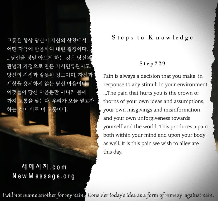 제 229 계단: 내가 받는 고통을 다른 사람 탓으로 돌리지 않을 것이다 I will not blame another for my pain. 제 229 계단: 내가 받는 고통을 다른 사람 탓으로 돌리지 않을 것이다 I will not blame another for my pain.