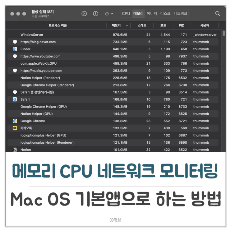  Mac OS 기본 앱으로 메모리 CPU 네트워크 모니터링하는 방법