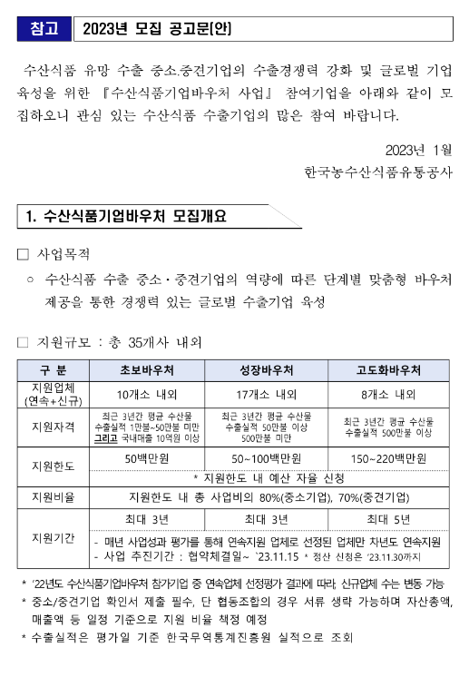 2023년 수산식품기업바우처 모집 공고(초보ㆍ성장ㆍ고도화바우처 통합)
