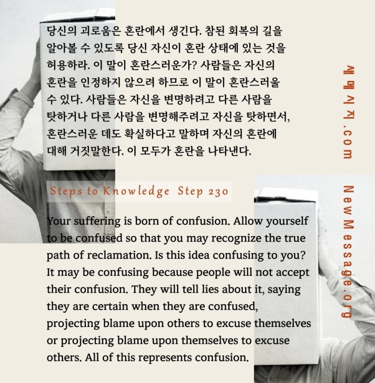 제 230 계단: 나의 괴로움은 혼란에서 생긴다 My suffering is born of confusion. 제 230 계단: 나의 괴로움은 혼란에서 생긴다 My suffering is born of confusion.