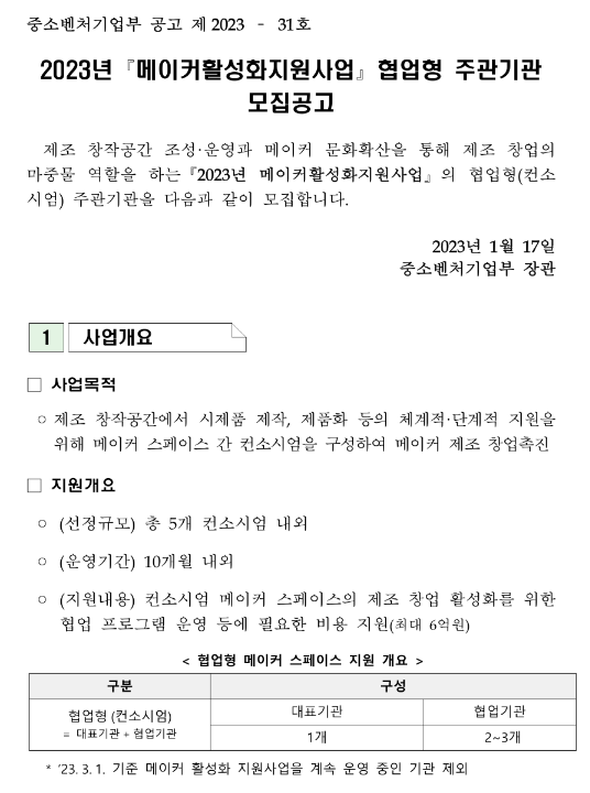 2023년 메이커 활성화 지원사업 협업형 주관기관 모집 공고 2023년 메이커 활성화 지원사업 협업형 주관기관 모집 공고