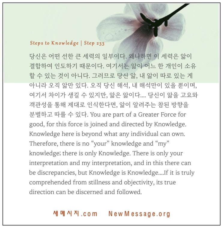 제 233 계단: 세상에서 나는 어떤 선한 큰 세력의 일부이다 I am part of a Greater Force for good in the world. 제 233 계단: 세상에서 나는 어떤 선한 큰 세력의 일부이다 I am part of a Greater Force for good in the world.