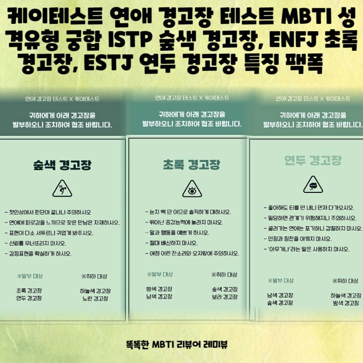 케이테스트 연애 경고장 테스트 MBTI 성격유형 궁합 ISTP 숲색 경고장, ENFJ 초록 경고장, ESTJ 연두 경고장 특징 팩폭