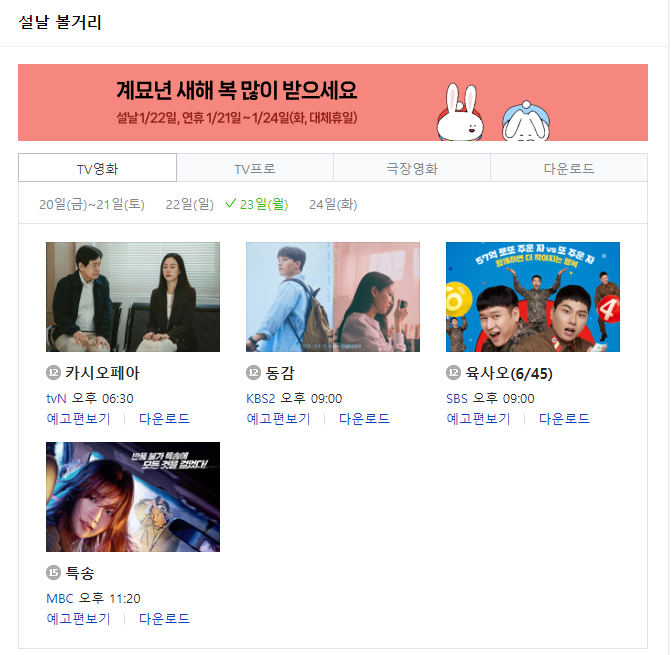  23일 월요일 2023설 특선영화 정리와 추천 카시오페아, 동감, 육사오, 특송
