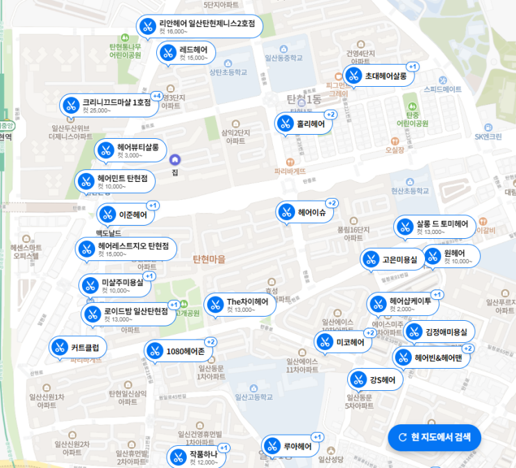  네이버지도로 알아보는 일산 탄현동 헤어샵 현황