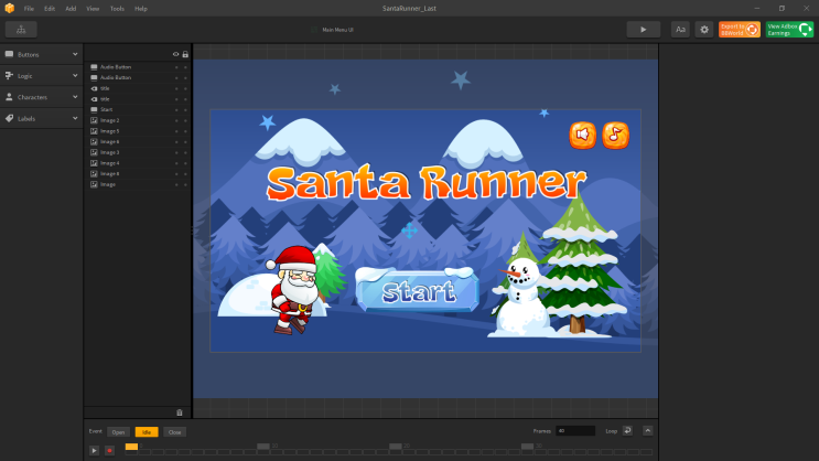  빌드박스 클래식(BuildBox Classic)으로 산타러너(Santa Runner) 게임을 제작중에 있습니다.