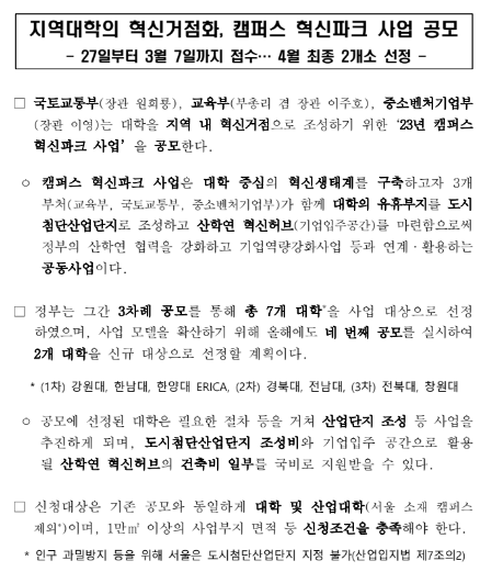 지역대학의 혁신거점화, 캠퍼스 혁신파크 사업 공모 지역대학의 혁신거점화, 캠퍼스 혁신파크 사업 공모