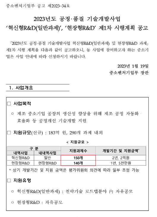 2023년 1차 공정ㆍ품질 기술개발사업 현장형R&D 시행계획 공고 2023년 1차 공정ㆍ품질 기술개발사업 현장형R&D 시행계획 공고