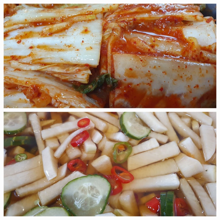  이곡멸치국수. 김치, 무/오이 피클