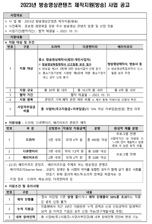 2023년 방송영상콘텐츠 제작지원(방송) 사업 공고 2023년 방송영상콘텐츠 제작지원(방송) 사업 공고