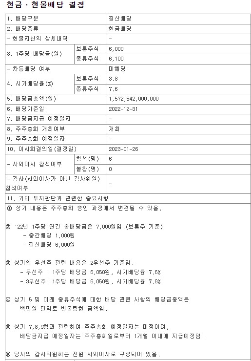 현대자동차 배당금공시및 자사주소각공시