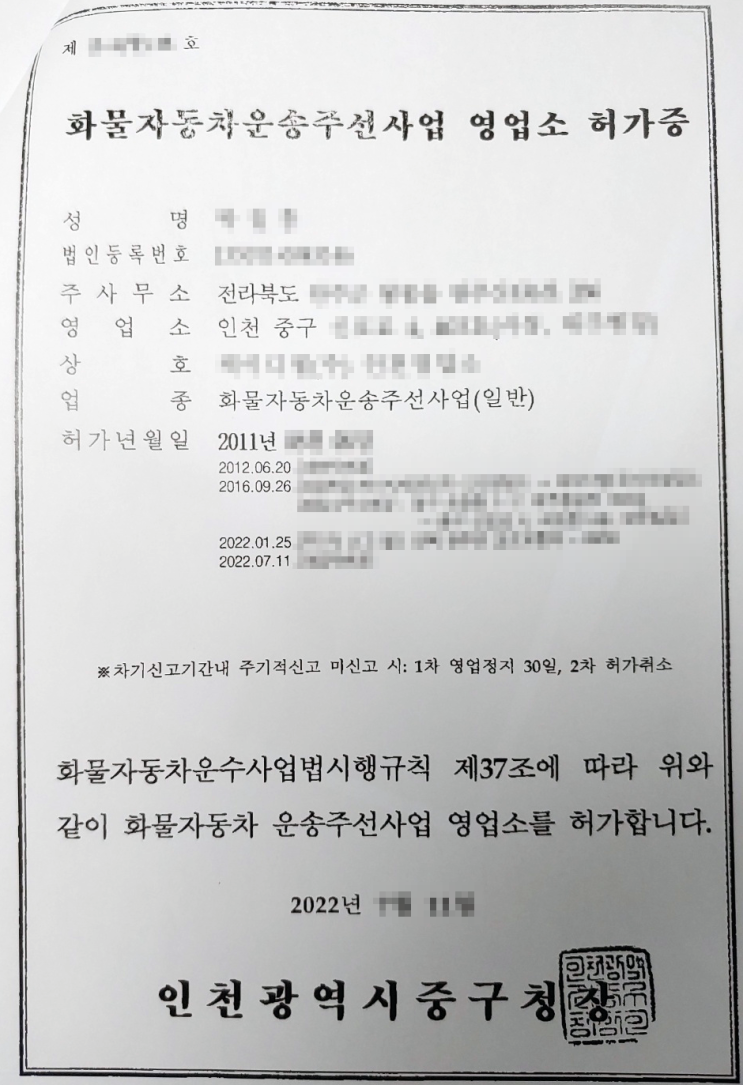 화물운송주선사업 주선업 허가증 매매 양도합니다. 본점,영업소 허가증의 구분없이 양도 매매 가능합니다.