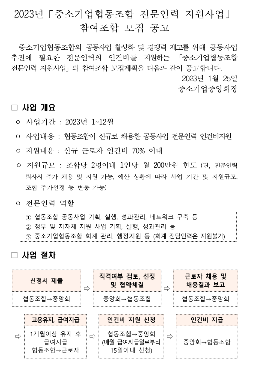 2023년 중소기업협동조합 전문인력 지원사업 참여조합 모집 공고