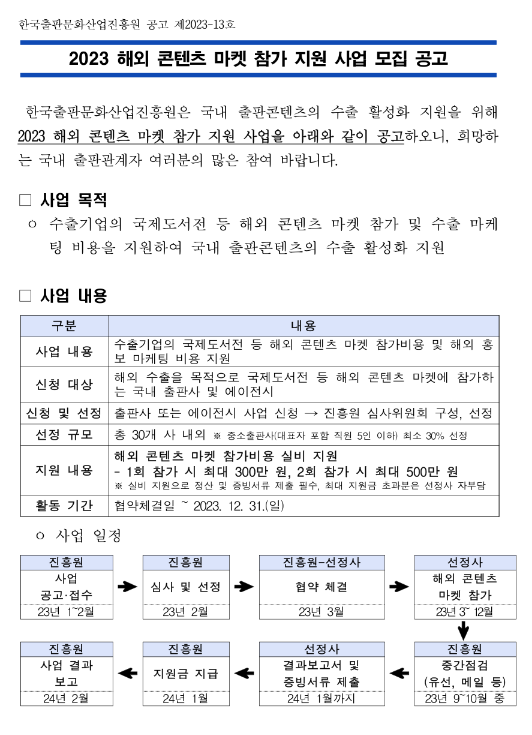 2023년 해외 콘텐츠 마켓 참가 지원사업 모집 공고 2023년 해외 콘텐츠 마켓 참가 지원사업 모집 공고