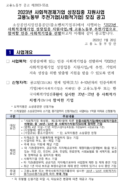 2023년 사회적경제기업 성장집중 지원사업 고용노동부 추천기업 모집 공고