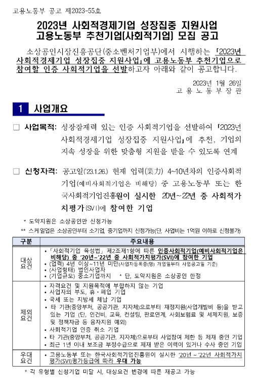 2023년 사회적경제기업 성장집중 지원사업 고용노동부 추천기업 모집 공고 2023년 사회적경제기업 성장집중 지원사업 고용노동부 추천기업 모집 공고