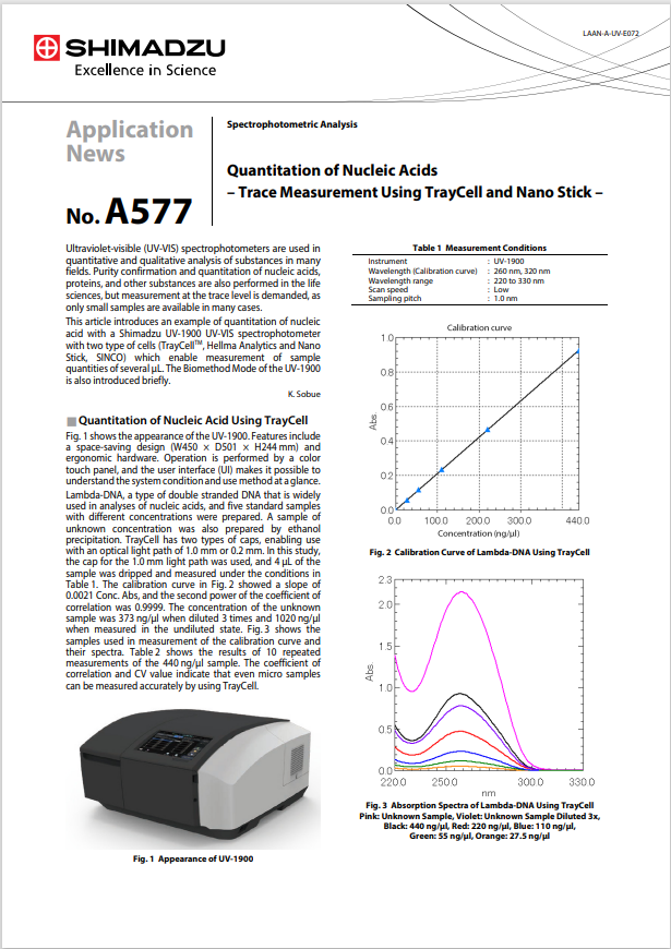  Quantitation of Nucleic Acids – Trace Measurement Using TrayCell and Nano Stick - No. A577 / UV-1900