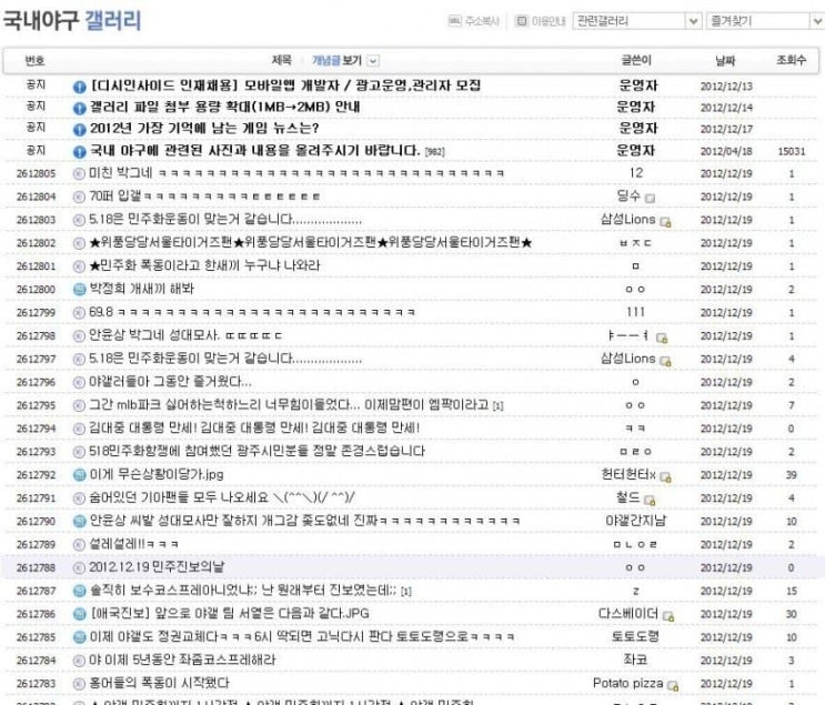 디시인사이드 국내야구 갤러리 야갤 대한민국 대통령 선거 대선 중계 레전드