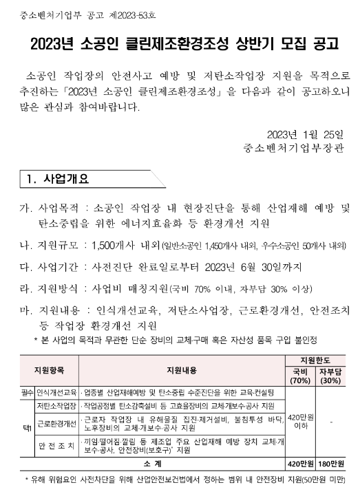 2023년 상반기 소공인 클린제조환경조성 모집 공고