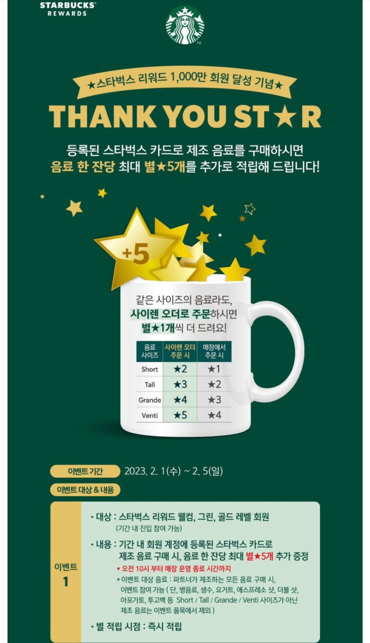 스타벅스 THANK YOU ST️R 최대 별적립 5개 이벤트 소식 (+2월 1일~2월 5일까지) 스타벅스 THANK YOU ST️R 최대 별적립 5개 이벤트 소식 (+2월 1일~2월 5일까지)