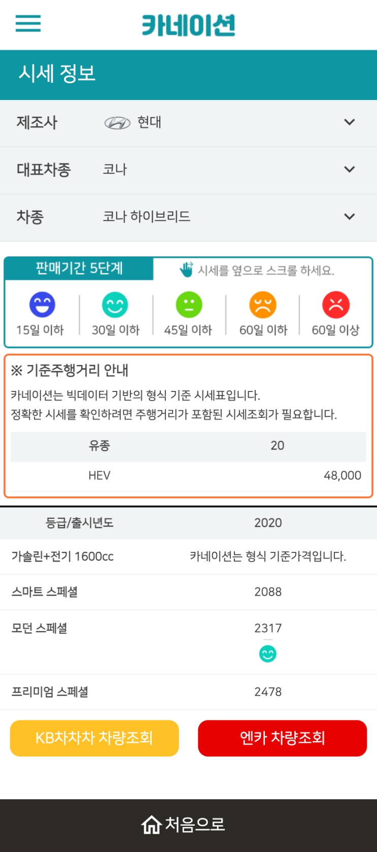 하우머치카 2023년 1월 코나 하이브리드 중고차시세.가격표