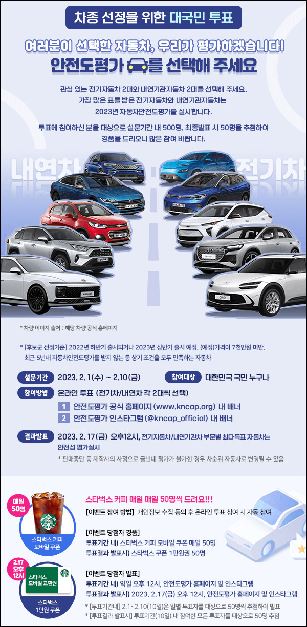 자동차안전평가 차종선정 투표이벤트(스벅 총550명)매일 추첨,간단 자동차안전평가 차종선정 투표이벤트(스벅 총550명)매일 추첨,간단