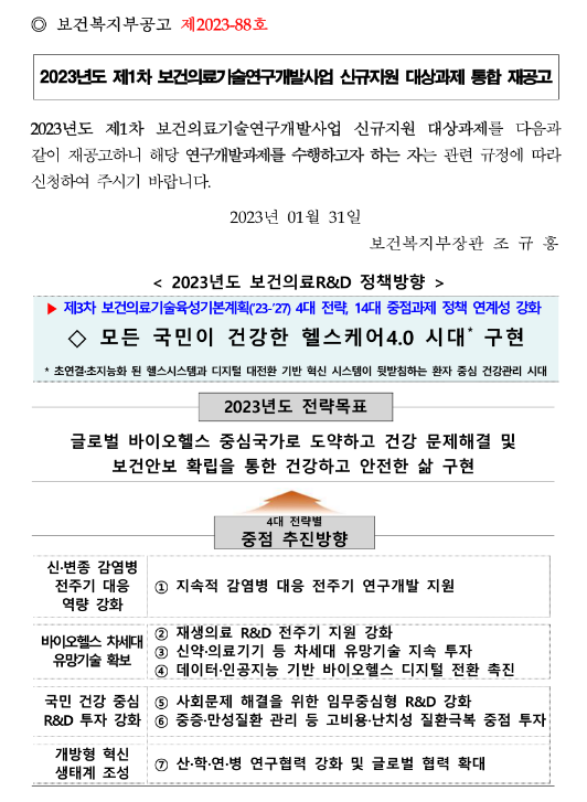2023년 1차 보건의료기술연구개발사업 신규지원 대상과제 통합 재공고 2023년 1차 보건의료기술연구개발사업 신규지원 대상과제 통합 재공고