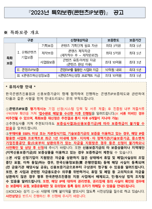 2023년 2월 특화보증(콘텐츠IP보증) 공고 2023년 2월 특화보증(콘텐츠IP보증) 공고
